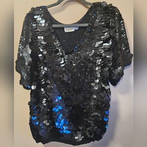 Vintage Oleg Cassini Women's Size M Black Silk Big Sequin Short Sleeve Top 80/90